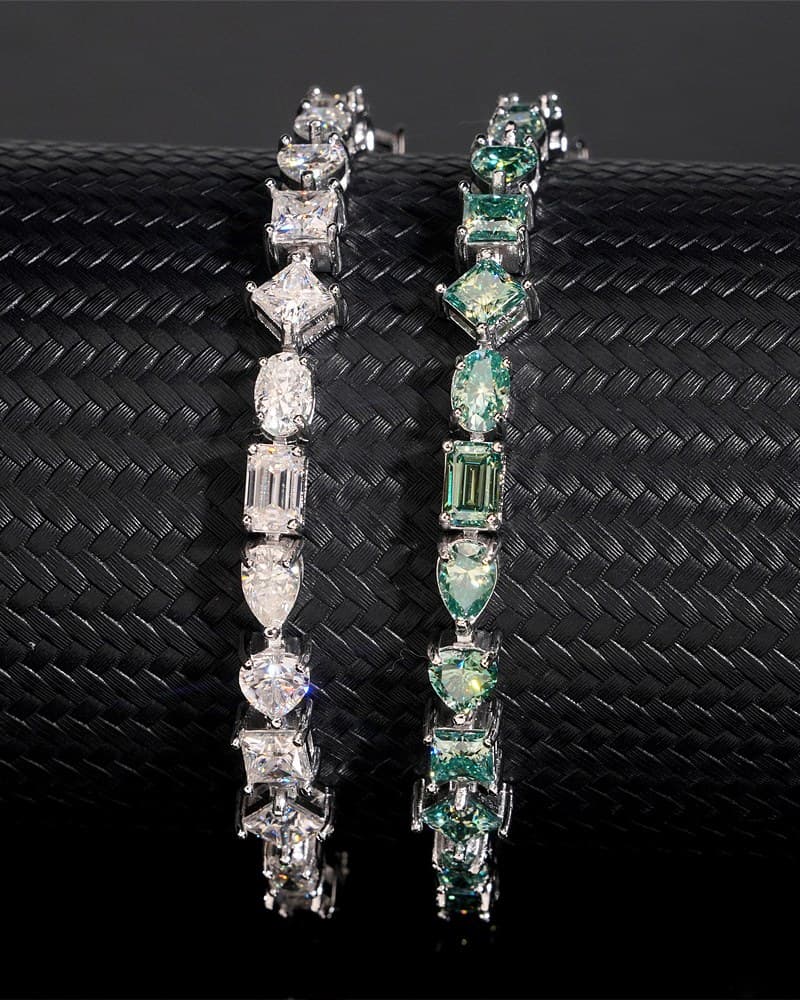 PRISME — bracelet tennis à formes mixtes, pierres blanches et pierres vertes (fournisseur)