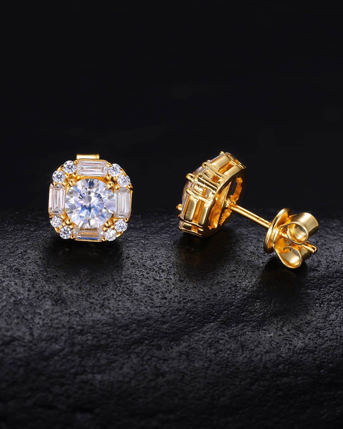 HALO — puces en argent 925 et moissanite, finition dorée